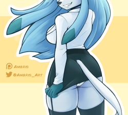 Size: 1200x1080 | Tagged: suggestive, artist:ambris, oc, oc only, oc:frida (ambris), eeveelution, fictional species, glaceon, mammal, anthro, nintendo, pokémon, 2022, blue hair, breasts, butt, clothes, faceless female, female, hair, offscreen character, panty shot, short skirt, smiling, solo, solo female, tail, thick thighs, thighs, white panties