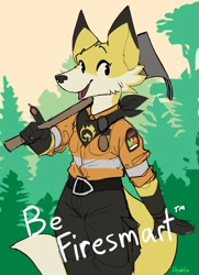 Size: 1145x1585 | Tagged: safe, artist:doughteaa, ember the fox, canine, fox, mammal, anthro, axe, clothes, female, forest ranger, looking at you, open mouth, open smile, smiling, solo, solo female, uniform, weapon