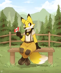 Size: 2500x3000 | Tagged: safe, artist:louart, ember the fox, canine, fox, mammal, anthro, 2022, 2d, bench, canada, canadian flag, closed mouth, closed smile, countershading, cute, digital art, dipstick tail, female, flag, forest, forest ranger, fur, gloves (arm marking), happy, multicolored body, multicolored fur, outdoors, pointy ears, sitting, smiling, solo, solo female, tail, vixen, yellow body, yellow fur