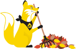 Size: 503x325 | Tagged: safe, official art, ember the fox, canine, fox, mammal, feral, ambiguous gender, black neckerchief, fur, holding, holding object, leaf, low res, rake, simple background, smiling, solo, solo ambiguous, transparent background, vector, white body, white fur, yellow body, yellow fur