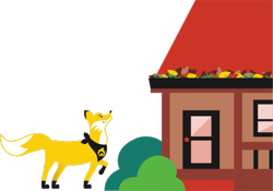Size: 819x574 | Tagged: safe, official art, ember the fox, canine, fox, mammal, feral, ambiguous gender, black neckerchief, building, bush, female, fur, house, looking at something, neckerchief, solo, solo ambiguous, solo female, vector, white body, white fur, yellow body, yellow fur