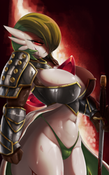Size: 2500x4000 | Tagged: suggestive, artist:faejunkie, fictional species, gardevoir, nintendo, pokémon, 2022, armor, breasts, cameltoe, clothes, female, huge breasts, panties, solo, solo female, sword, thick thighs, thighs, unconvincing armor, underwear, weapon, wide hips