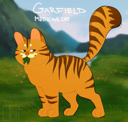 Size: 2816x2688 | Tagged: safe, artist:sporkart_, garfield (garfield), cat, feline, mammal, feral, garfield (comic), warrior cats, character name, crossover, detailed background, fur, holding, holding object, leaf, male, mouth hold, nature background, orange body, orange fur, outdoors, solo, solo male, text