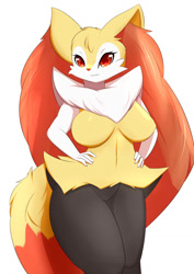 Size: 905x1280 | Tagged: safe, artist:pilu21, braixen, fictional species, anthro, nintendo, pokémon, 2022, belly button, breasts, digital art, ear fluff, ears, eyelashes, featureless breasts, featureless crotch, female, fluff, fur, hand on hip, hip fluff, looking at you, red nose, shoulder fluff, simple background, solo, solo female, starter pokémon, tail, thighs, wide hips