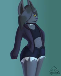 Size: 1000x1250 | Tagged: safe, artist:paradoxing5, oc, oc only, canine, mammal, anthro, 2021, belly button, black nose, bottomwear, clothes, digital art, ears, eyelashes, female, fur, hair, jacket, one eye closed, shirt, shorts, solo, solo female, tail, thighs, topwear, wide hips