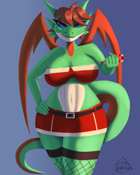 Size: 1000x1250 | Tagged: safe, artist:paradoxing5, fictional species, salamence, anthro, nintendo, pokémon, 2021, bedroom eyes, belly button, bottomwear, breasts, clothes, digital art, ears, eyelashes, female, fishnet, fishnet stockings, hair, legwear, scales, see-through, shorts, simple background, solo, solo female, stockings, tail, tank top, thighs, topwear, wide hips, wings