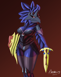 Size: 1000x1250 | Tagged: safe, artist:paradoxing5, bird, corviknight, fictional species, anthro, nintendo, pokémon, 2021, armor, beak, breasts, digital art, ears, eyelashes, female, fur, hair, simple background, solo, solo female, sword, tail, thighs, weapon, wide hips