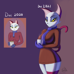 Size: 1250x1250 | Tagged: safe, artist:paradoxing5, olivia (animal crossing), cat, feline, mammal, anthro, animal crossing, nintendo, 2021, bedroom eyes, black nose, breasts, clothes, coffee mug, digital art, ears, eyelashes, female, fur, redraw, scarf, simple background, solo, solo female, sweater, tail, thighs, topwear, wide hips
