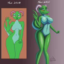 Size: 1250x1250 | Tagged: safe, artist:paradoxing5, dragon, fictional species, anthro, 2021, bedroom eyes, breasts, digital art, dragoness, eyelashes, featureless breasts, featureless crotch, female, horns, looking at you, looking back, redraw, scales, simple background, solo, solo female, tail, thighs, wide hips