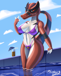 Size: 1000x1250 | Tagged: safe, artist:paradoxing5, fictional species, krookodile, anthro, nintendo, pokémon, 2021, bedroom eyes, belly button, bikini, breasts, clothes, detailed background, digital art, eyelashes, female, looking at you, scales, sharp teeth, skinny dipping, solo, solo female, swimming pool, swimsuit, tail, teeth, thighs, wide hips