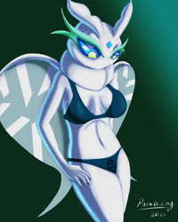 Size: 1000x1250 | Tagged: safe, artist:paradoxing5, fictional species, anthro, nintendo, pokémon, 2021, belly button, bikini, breasts, clothes, digital art, ears, eyelashes, female, frosmoth, scales, simple background, solo, solo female, swimsuit, tail, thighs, wide hips, wings
