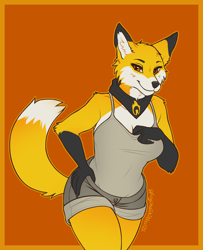 Size: 2192x2697 | Tagged: safe, artist:spicychaikitten, ember the fox, canine, fox, mammal, anthro, absurd resolution, bandanna, body markings, bottomwear, camisole, clothes, female, gloves (arm marking), high res, kerchief, multicolored tail, shorts, solo, solo female, tail, topwear, two toned tail, underwear