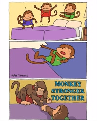 Size: 1280x1600 | Tagged: safe, artist:beetlemoses, mammal, monkey, primate, ambiguous gender, ambiguous only, bed, blue shirt, brown body, brown fur, comic, english text, falling, funny, fur, green shirt, group, jumping, red shirt, text