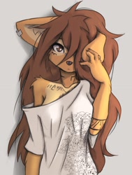 Size: 1562x2063 | Tagged: safe, artist:tinygaypirate, oc, oc:apogee (tinygaypirate), canine, dog, mammal, anthro, adorasexy, big breasts, black nose, breasts, brown body, brown eyes, brown fur, brown hair, clothes, cute, ear piercing, facial piercing, female, fur, hair, hair over one eye, long hair, looking at you, off shoulder, pale belly, piercing, sexy, shirt, solo, solo female, topwear, tribal markings