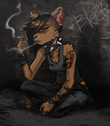 Size: 640x730 | Tagged: safe, artist:bleats, cat, feline, mammal, anthro, arm tattoo, bottomwear, breasts, cigarette, cleavage, clothes, collar, ear piercing, earring, female, hair, hair over one eye, nose piercing, nose ring, pants, piercing, sitting, small breasts, smoking, solo, solo female, spiked collar, tank top, tattoo, topwear, wall, wristband