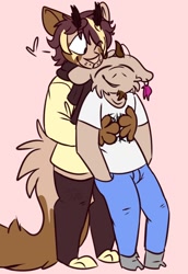 Size: 880x1280 | Tagged: safe, artist:treena, bovid, canine, dog, goat, mammal, anthro, 2018, clothes, cuddling, duo, duo male, ear piercing, earring, eyes closed, goatee, heart, horns, hug, hug from behind, jeans, legwear, love heart, male, male/male, males only, one eye closed, pants, piercing, scarf, shirt, signature, smiling, stockings, topwear, winking