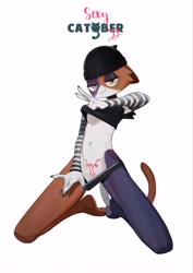 Size: 2892x4096 | Tagged: suggestive, artist:feliscede, meow skulls (fortnite), calico, cat, feline, mammal, anthro, series:sexy catober (by feliscede), fortnite, female, goth, kneeling, simple background, solo, solo female, striped sleeves, white background