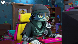 Size: 1280x720 | Tagged: safe, artist:purx124, kit (fortnite), meow skulls (fortnite), cat, feline, human, mammal, anthro, feral, fortnite, 3d, 3d animation, ambiguous gender, animated, computer, cursing, detailed background, digital art, door, female, funny, goth, half closed eyes, headphones, headwear, holding, holding character, indoors, laughing, male, meme, meow, midas (fortnite), open mouth, room, screaming, swearing, talking, tomboy, vulgar