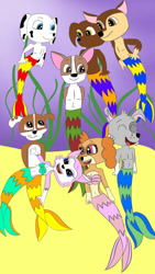 Size: 670x1192 | Tagged: safe, artist:victheanimaldrawer, chase (paw patrol), everest (paw patrol), marshall (paw patrol), rocky (paw patrol), rubble (paw patrol), skye (paw patrol), tracker (paw patrol), zuma (paw patrol), canine, dog, fictional species, fish, mammal, mer-pup (paw patrol), anthro, nickelodeon, paw patrol, abstract background, blue eyes, brown eyes, duo, female, fur, group, male, male/female, mermaid tail, paws, pink eyes, yellow eyes