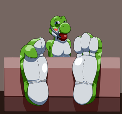 Size: 1000x935 | Tagged: artist needed, suggestive, yoshi (mario), fictional species, yoshi (species), anthro, plantigrade anthro, mario (series), nintendo, barefoot, feet, fetish, foot fetish, foot focus, male, soles, solo, solo male, stocks, toes