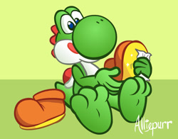 Size: 1024x802 | Tagged: safe, artist:greenyoshi25, yoshi (mario), fictional species, yoshi (species), mario (series), nintendo, barefoot, feet, fetish, foot fetish, foot focus, shoes removed, soles, toes