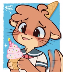 Size: 1881x2142 | Tagged: safe, artist:jayrnski, oc, oc only, oc:ottie (jayrnski), mammal, mustelid, otter, anthro, 2022, afterimage, ambiguous gender, artist name, birthday, birthday candle, blep, blue background, blue eyes, blushing, border, brown body, brown fur, bust, bust portrait, candle, clothes, conical hat, countershade face, countershade hands, countershade neck, countershade tail, countershading, curved eyebrows, cute, cute little fangs, dessert, digital art, english text, eyebrows, eyelashes, fangs, fire, fluff, food, fur, handpaw, happy, head fluff, head tuft, high res, holding, holding food, holding object, ice cream, ice cream cone, looking at object, multicolored body, multicolored fur, paws, pink tongue, portrait, sailor outfit, sailor uniform, sharp teeth, shirt, simple background, smiling, solo, solo ambiguous, sparkles, sprinkles, tail, tail motion, tail wag, tan body, tan fur, teeth, text, tongue, tongue out, topwear, two toned body, two toned fur, whiskers, white border, white clothing, white shirt, white topwear