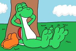 Size: 879x594 | Tagged: safe, artist:johnhall, yoshi (mario), fictional species, yoshi (species), anthro, plantigrade anthro, mario (series), nintendo, barefoot, feet, fetish, foot fetish, foot focus, shoes removed, soles, toes, wiggling toes