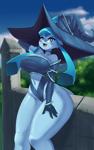 Size: 2500x4000 | Tagged: safe, artist:faejunkie, eeveelution, fictional species, glaceon, mammal, anthro, nintendo, pokémon, 2022, anthrofied, belly button, big breasts, blue body, blue hair, breasts, clothes, female, hair, hat, headwear, high res, solo, solo female, tail, thick thighs, thighs, wide hips, witch costume, witch hat