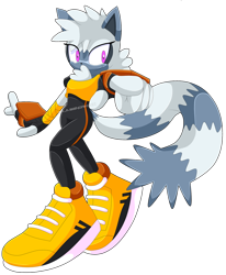 Size: 1024x1245 | Tagged: safe, artist:jasienorko, tangle the lemur (sonic), lemur, mammal, primate, ring-tailed lemur, anthro, idw sonic the hedgehog, sega, sonic the hedgehog (series), 2018, bodysuit, clothes, digital art, female, fingerless gloves, fingers, fur, gloves, gray body, gray fur, gray hair, hair, high res, looking at you, magenta eyes, multicolored tail, pointing, shoes, simple background, smiling, smiling at you, solo, solo female, tail, tight clothing, transparent background, watermark