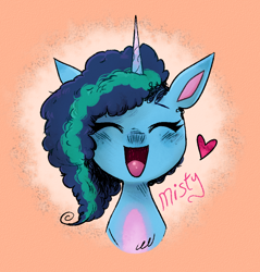 Size: 1000x1048 | Tagged: safe, artist:themagicbrew, misty (mlp g5), equine, fictional species, mammal, pony, unicorn, hasbro, my little pony, my little pony g5, spoiler:my little pony g5, bust, eyes closed, female, happy, heart, open mouth, solo, solo female