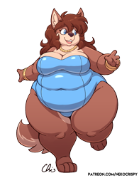Size: 825x1050 | Tagged: suggestive, artist:nekocrispy, oc, oc only, oc:mary blissany, canine, dog, mammal, anthro, 2022, 4 toes, 5 fingers, big breasts, blue eyes, breasts, brown body, brown fur, brown hair, cleavage, clothes, ear fluff, fat, fat fetish, female, fluff, fur, hair, huge belly, huge thighs, jewelry, looking to the side, necklace, obese, on one leg, one-piece swimsuit, open mouth, open smile, signature, simple background, smiling, solo, solo female, swimsuit, text, transparent background, url