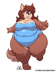 Size: 825x1050 | Tagged: suggestive, alternate version, artist:nekocrispy, oc, oc only, oc:mary blissany, canine, dog, mammal, anthro, 2022, 4 toes, 5 fingers, big breasts, blue eyes, breasts, brown body, brown fur, brown hair, cleavage, clothes, ear fluff, fat, fat fetish, female, fluff, fur, hair, huge belly, huge thighs, jewelry, looking to the side, necklace, obese, on one leg, one-piece swimsuit, open mouth, open smile, signature, simple background, smiling, solo, solo female, swimsuit, text, url, white background