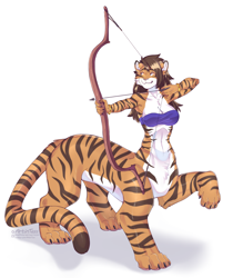 Size: 3035x3619 | Tagged: safe, artist:arztin, oc, oc only, oc:tori taxel, big cat, feline, fictional species, genie, mammal, tiger, taur, absurd resolution, bow and arrow, bra, bracelet, breasts, brown hair, chakat, clothes, commission, gold, hair, jewelry, looking at you, midriff, orange body, pun, purple bra, raised leg, sagittarius, simple background, smiling, solo, strapless, stripes, underwear, white background, white body, zodiac