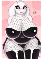 Size: 1457x2048 | Tagged: suggestive, alternate version, artist:demonkussh, toriel (undertale), bovid, goat, mammal, anthro, undertale, 2022, bedroom eyes, blushing, breasts, clothes, evening gloves, eyelashes, female, fishnet, fur, gloves, horns, huge breasts, legwear, long gloves, mature, mature female, pose, see-through, simple background, slightly chubby, solo, solo female, stockings, suit, tail, thighs, wide hips