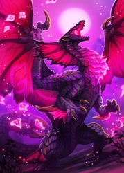 Size: 1500x2100 | Tagged: safe, artist:grimmla1, dragon, fictional species, malzeno, reptile, western dragon, feral, capcom, monster hunter, ambiguous gender, bottom view, claws, flower, open mouth, plant, scales, tail, watermark, webbed wings, wings
