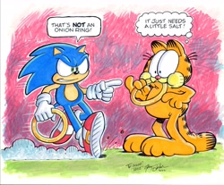 Size: 4096x3398 | Tagged: safe, artist:garybarkerart, garfield (garfield), sonic the hedgehog (sonic), cat, feline, hedgehog, mammal, anthro, plantigrade anthro, garfield (comic), sega, sonic the hedgehog (series), 3 toes, clothes, crossover, duo, duo male, high res, male, males only, paws, ring (sonic), shoes