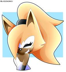 Size: 1024x1113 | Tagged: safe, artist:jasienorko, whisper the wolf (sonic), canine, mammal, wolf, anthro, idw sonic the hedgehog, sega, sonic the hedgehog (series), 2020, abstract background, black nose, brown body, fangs, female, hair, hair accessory, hair over one eye, ponytail, sharp teeth, smiling, solo, solo female, teeth, watermark