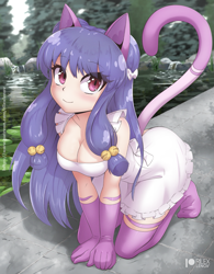 Size: 961x1230 | Tagged: safe, artist:rilexlenov, animal humanoid, cat, feline, fictional species, mammal, humanoid, 2022, blushing, bottomwear, breasts, clothes, detailed background, digital art, dress, ears, evening gloves, eyelashes, female, gloves, hair, legwear, long gloves, looking at you, pose, ranma 1/2, shampoo (ranma 1/2), skin, solo, solo female, stockings, tail, thighs