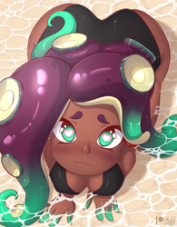 Size: 3203x4100 | Tagged: suggestive, artist:rilexlenov, marina (splatoon), animal humanoid, fictional species, mammal, mollusk, octoling, octopus, humanoid, nintendo, splatoon, 2020, all fours, beach, blushing, breasts, clothes, detailed background, digital art, ears, eyelashes, female, hair, looking at you, nipple outline, ocean, one-piece swimsuit, pose, skin, solo, solo female, swimsuit, thighs, water, wide hips