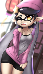 Size: 540x929 | Tagged: safe, artist:rilexlenov, callie (splatoon), animal humanoid, fictional species, inkling, mammal, mollusk, squid, humanoid, nintendo, splatoon, 2018, blushing, bottomwear, breasts, clothes, digital art, ears, eyelashes, female, hair, hoodie, looking at you, one eye closed, open mouth, pose, shirt, shorts, skin, solo, solo female, teasing, thighs, tongue, topwear, wide hips