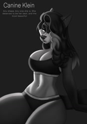 Size: 898x1280 | Tagged: safe, alternate version, artist:aozee, oc, oc only, canine, dog, mammal, 2022, bedroom eyes, big breasts, black nose, breasts, clothes, commission, digital art, ears, eyelashes, female, fur, hair, looking at you, monochrome, one eye closed, simple background, sitting, solo, solo female, sports bra, sports panties, tail, thighs, topwear, wide hips