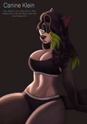 Size: 898x1280 | Tagged: safe, alternate version, artist:aozee, oc, oc only, canine, dog, mammal, 2022, bedroom eyes, big breasts, black nose, breasts, clothes, commission, digital art, ears, eyelashes, female, fur, hair, lipstick, looking at you, makeup, one eye closed, simple background, sitting, solo, solo female, sports bra, sports panties, tail, thighs, topwear, wide hips