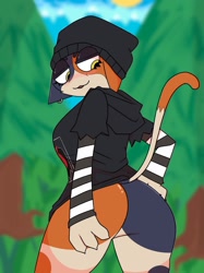 Size: 1534x2048 | Tagged: suggestive, artist:yiwol, meow skulls (fortnite), calico, cat, feline, mammal, anthro, epic games, fortnite, 2020, beanie, bottomless, butt, clothes, female, hat, headgear, headwear, high res, hoodie, nudity, partial nudity, pinup, pose, solo, solo female, topwear