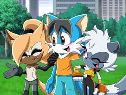 Size: 1000x750 | Tagged: safe, artist:dv2fox, artist:y-firestar, tangle the lemur (sonic), whisper the wolf (sonic), oc, oc:dv2, canine, fox, lemur, mammal, primate, ring-tailed lemur, wolf, anthro, idw sonic the hedgehog, sega, sonic the hedgehog (series), sonic x, 2019, arm behind head, black hair, black nose, blushing, bodysuit, bottomwear, brown body, city, clothes, commission, fake screenshot, fingerless gloves, fur, gloves, grass, gray body, gray fur, gray hair, group, hair, hair accessory, hair over one eye, hand on shoulder, light blue body, nervous smile, one eye closed, open mouth, pants, plant, ponytail, purple eyes, shoulder pads, shy, through clothes, tight clothing, tongue, tree