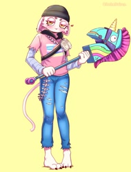 Size: 2109x2775 | Tagged: safe, artist:joshopaisen, cloud nine (fortnite), meow skulls (fortnite), cat, feline, mammal, anthro, epic games, fortnite, 2022, absurd resolution, bandolier, barefoot, bludgeon (weapon), bottomwear, bust, clothes, denim, denim clothing, feet, female, full-length portrait, fur, half closed eyes, heart, high res, holding, holding object, holding weapon, hoodie, jeans, jewelry, joshopaisen, melee weapon, narrowed eyes, necklace, pants, pink clothing, pink topwear, portrait, ripped jeans, ripped pants, shaded, simple background, soft shading, solo, solo female, topwear, torn bottomwear, torn clothes, torn pants, video game, wallet chain, weapon, white body, white fur, yellow background, yellow eyes