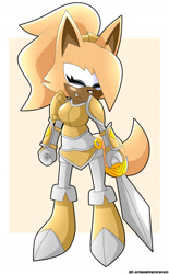 Size: 1024x1656 | Tagged: safe, artist:jasienorko, whisper the wolf (sonic), canine, mammal, wolf, anthro, idw sonic the hedgehog, sega, sonic the hedgehog (series), 2021, abstract background, armor, black nose, blushing, body armor, bottomwear, breasts, brown body, clothes, fangs, female, hair, hair over one eye, holding, holding object, holding weapon, paladin, ponytail, sharp teeth, skirt, solo, solo female, sword, teeth, watermark, weapon