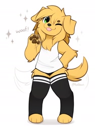 Size: 1450x1933 | Tagged: safe, artist:accelldraws, oc, oc:friday (accelldraws), canine, dog, golden retriever, mammal, anthro, digitigrade anthro, blowing raspberry, chest fluff, clothes, floppy ears, fluff, legwear, looking at you, one eye closed, paw pads, paws, shirt, smiling, solo, thigh highs, toeless legwear, tongue, tongue out, topwear, winking