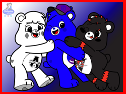 Size: 2224x1668 | Tagged: safe, artist:mrstheartist, oc, oc only, oc:creative bear, bear, fictional species, mammal, semi-anthro, care bears, care bears: unlock the magic, :p, bearified, belly badges, black outline, blainville-boisbriand armada, bright colors, care bear, drummondville voltigeurs, female, gradient background, group, group hug, heart nose, hockey team, hug, male, open mouth, show accurate, tongue, tongue out, trio