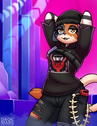 Size: 1583x2048 | Tagged: safe, artist:drokmars, meow skulls (fortnite), calico, cat, feline, mammal, anthro, fortnite, beanie, bottomwear, cell phone, clothes, female, fur, hands behind head, hoodie, multicolored fur, open mouth, pants, phone, smartphone, solo, solo female, topwear, torn clothes, torn pants, video game