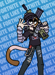 Size: 1600x2200 | Tagged: safe, artist:howyabenn, meow skulls (fortnite), calico, cat, feline, mammal, anthro, epic games, fortnite, :3, assault rifle, bandolier, beanie, bottomwear, cell phone, clothes, denim, denim clothing, ear piercing, eyeshadow, female, fish hook, fur, gun, half closed eyes, hat, headgear, headwear, high res, hoodie, jeans, jewelry, makeup, mottled, multicolored body, multicolored fur, narrowed eyes, necklace, pants, phone, piebald, piercing, ranged weapon, rifle, ripped jeans, ripped pants, ripped sleeves, sardine tin, smiling, solo, solo female, striped sleeves, text, topwear, torn bottomwear, torn clothes, trigger discipline, wallet chain, weapon